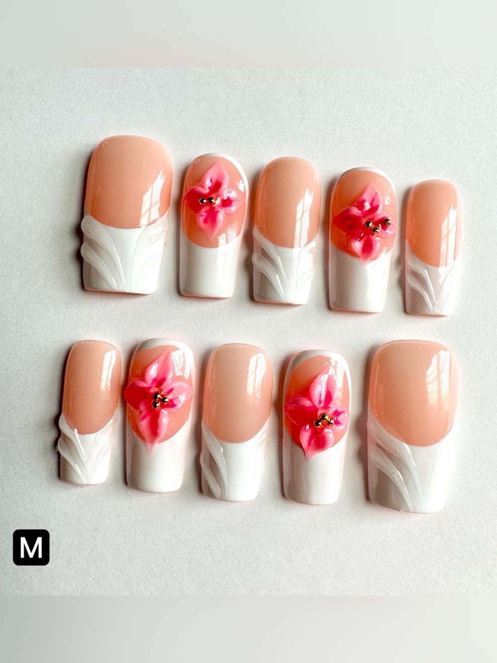 Classic French Manicure Press-On Nails with 3D flowers